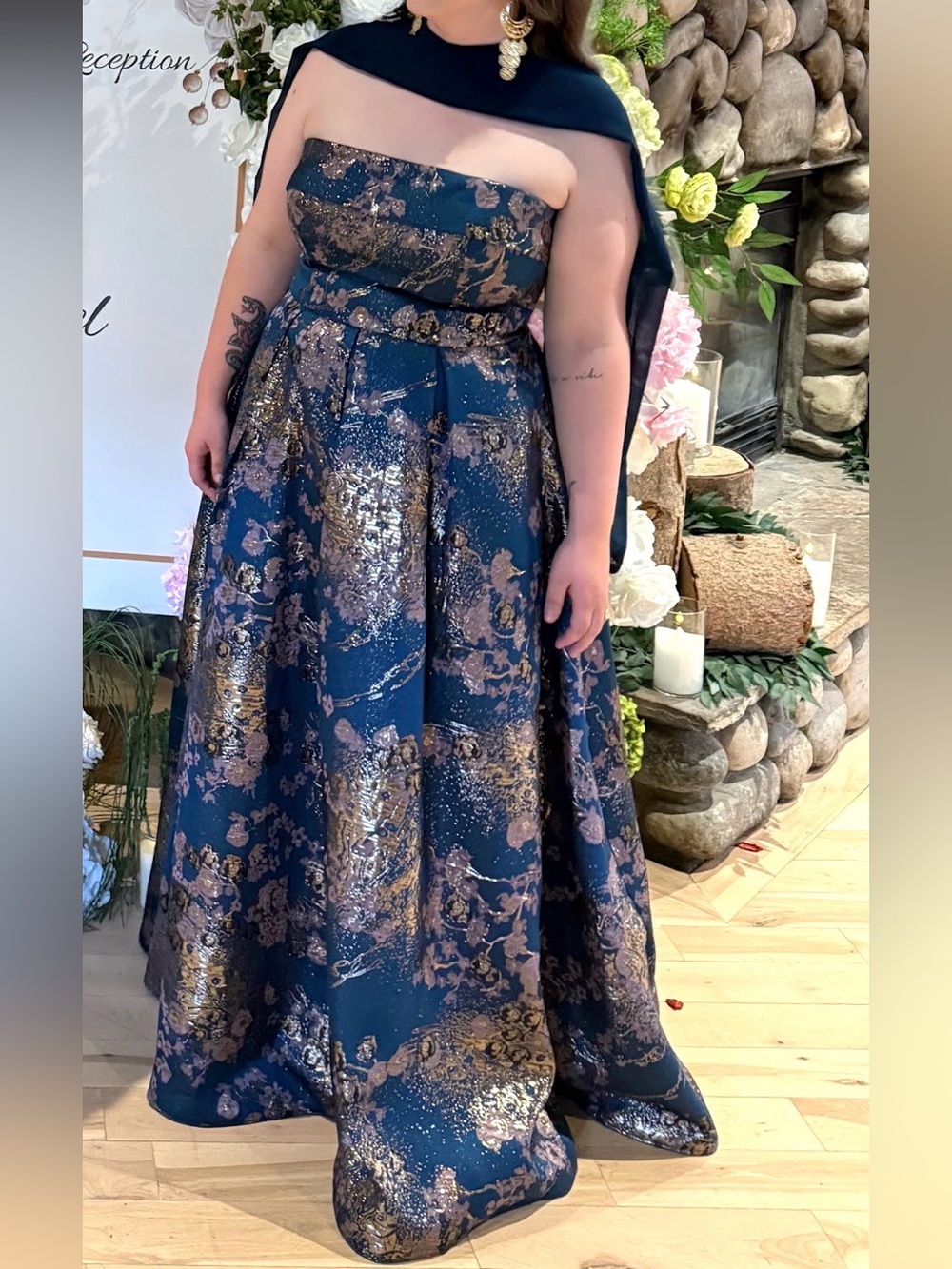Strapless Teal Floral Event Dress